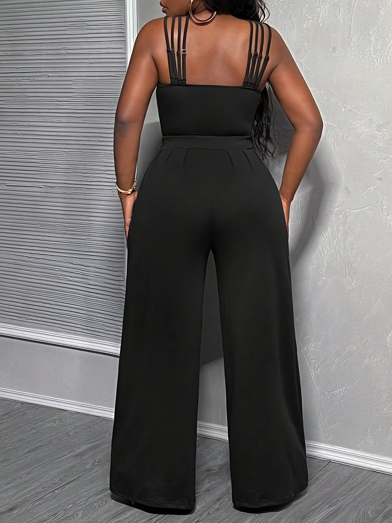 Women'S Casual Chic Black Pleated V-Neck Wide-Leg Jumpsuit with Scalloped Hem and Golden Chain Link Detail - Elegant Off-Shoulder Design for Spring/Summer/Fall, Versatile Fashion|Elegant Offshouldde| Flowing Fabric, Jumpsuit